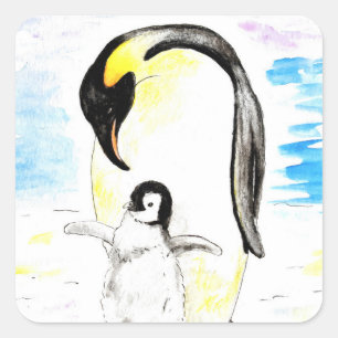 Kaiser-Pinguin und Küken-Aquarellmalerei Quadratischer Aufkleber