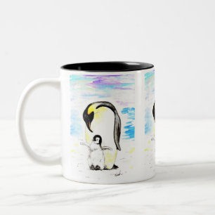 Kaiser-Pinguin und Küken-Aquarellmalerei Zweifarbige Tasse