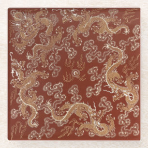 Kaiserlicher Roter und Goldener Drache Seidenkunst Glasuntersetzer