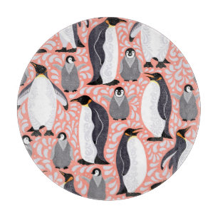 Kaiserpinguine, Sträucher, rosa dekoratives Muster Schneidebrett