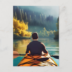 Kajak auf dem See durch Berge und Bäume Postkarte