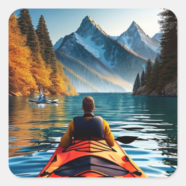 Kajak auf dem Wasser durch Berge und Bäume Quadratischer Aufkleber (Vorderseite)
