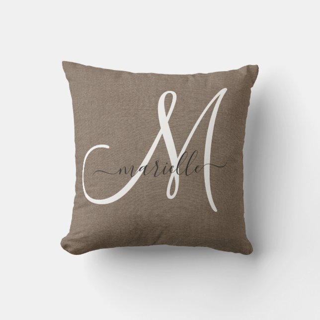 Kakao-Braune Linen Monogram Kissen Kissen (Vorderseite)
