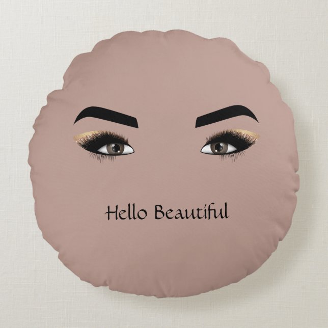 Kakao Creme Brown Eyes Eye Lashes Rundes Kissen (Vorderseite)