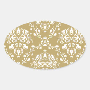 Kakao und Creme Damask Ovaler Aufkleber