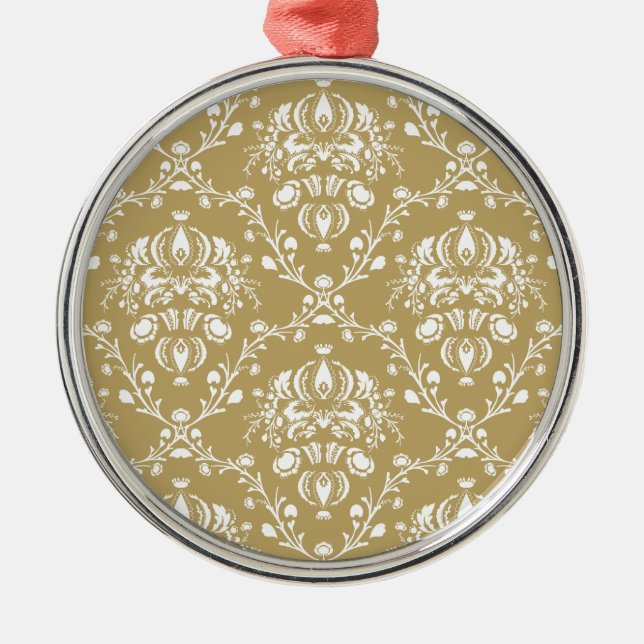 Kakao und Creme Damask Silbernes Ornament (Vorne)