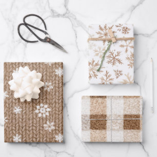 Kakaocreme-Schneeflocken-Kariert-Gestreift-Weihnac Geschenkpapier Set