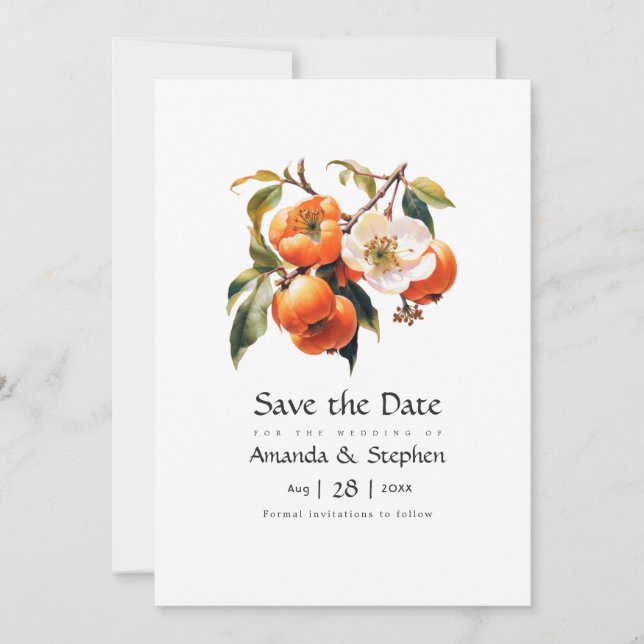 Kaki-Blüten-Hochzeit Save The Date (Vorderseite)