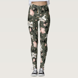 Kakifarbiger grafischer Blumendruck Leggings