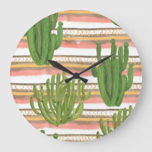 Kakteen, Aquarellfarbe, Streifen-Hintergrund, naht Große Wanduhr