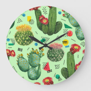 Kakteen-Blume: Geometrischer Hintergrund für Wasse Große Wanduhr