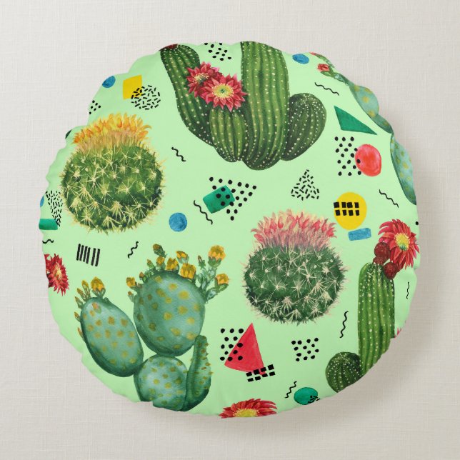 Kakteen-Blume: Geometrischer Hintergrund für Wasse Rundes Kissen (Vorderseite)