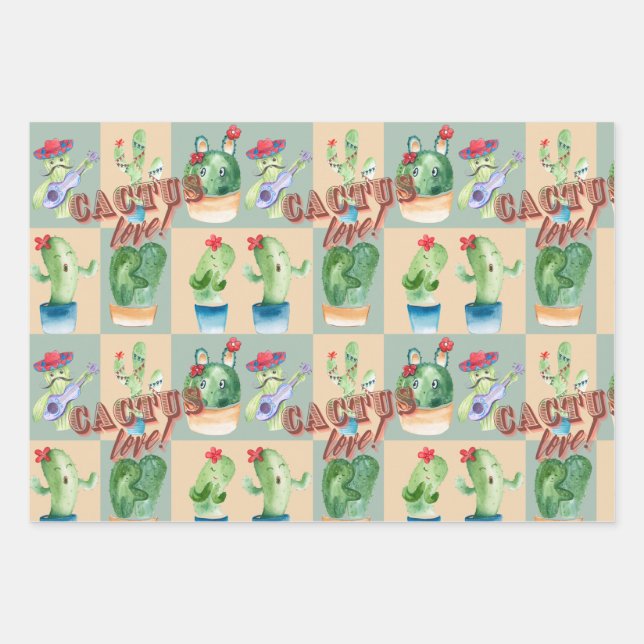 Kakteen-Liebe - Aquarellmuster Geschenkpapier Set (Vorderseite)
