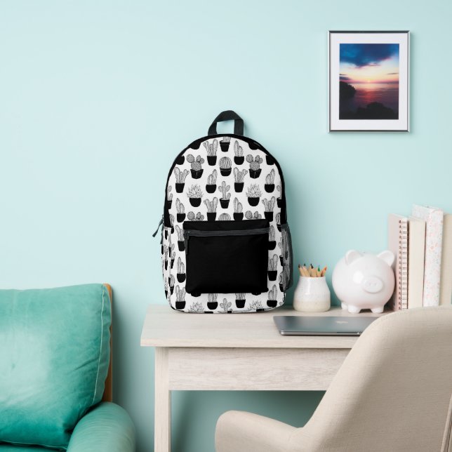 Kakteen Line Art Black and White Muster 1 Bedruckter Rucksack (InSitu)