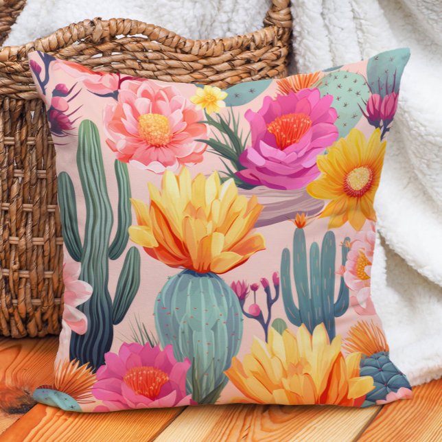Kakteen Pink Yellow Orange Green Wüste Kissen (Cactus with pink and yellow floral pillow)