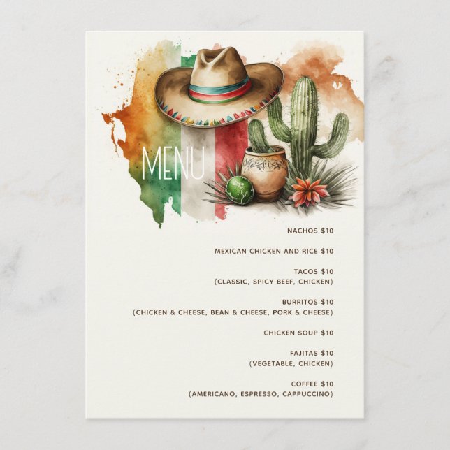 Kakteen, Sombrero Fiesta Party. mexikanisches Café Menükarte (Vorderseite)