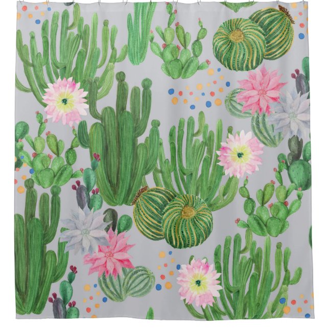 Kakteen und Blume, Aquarellmalerei. Duschvorhang (Vorderseite)