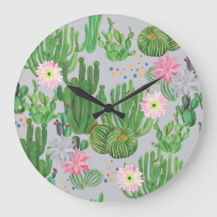 Kakteen und Blume, Aquarellmalerei. Große Wanduhr