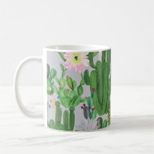 Kakteen und Blume, Aquarellmalerei. Kaffeetasse