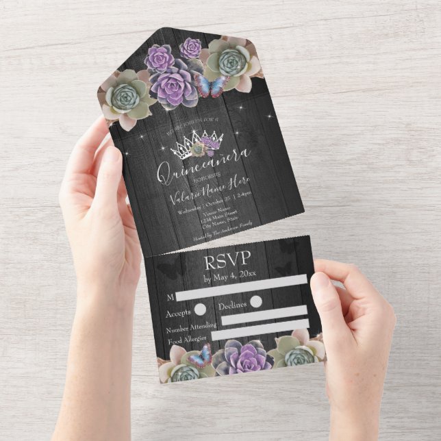Kakteen und Butterfly Elegant Quinceanera Gray All In One Einladung (Abreißen)