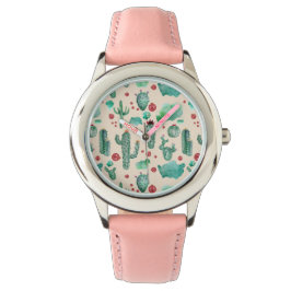 Kakteen und Ladybug-Muster - beigefarbener Hinterg Armbanduhr