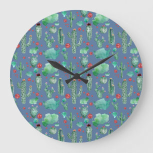 Kakteen und Ladybug-Muster - blauer Hintergrund Große Wanduhr