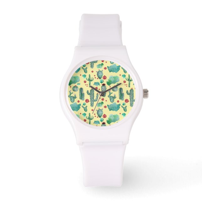 Kakteen und Ladybug-Muster - gelber Hintergrund Armbanduhr (Vorderseite)