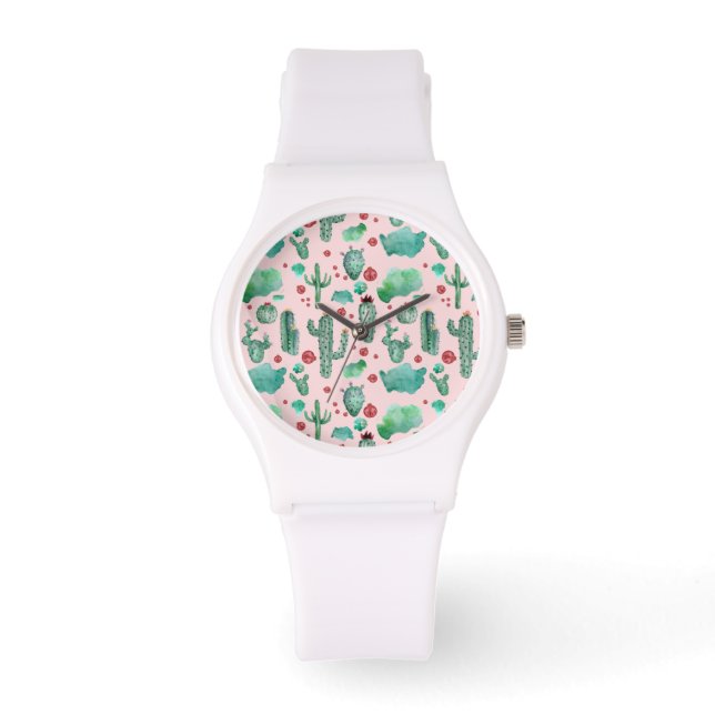 Kakteen und Ladybug-Muster - hellrosa Hintergrund Armbanduhr (Vorderseite)