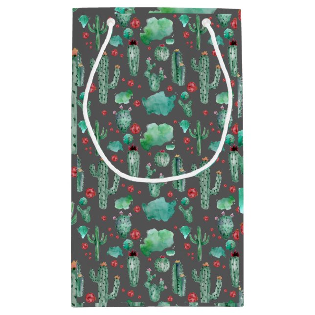 Kakteen und Ladybug-Muster - schwarzer Hintergrund Kleine Geschenktüte (Rückseite)