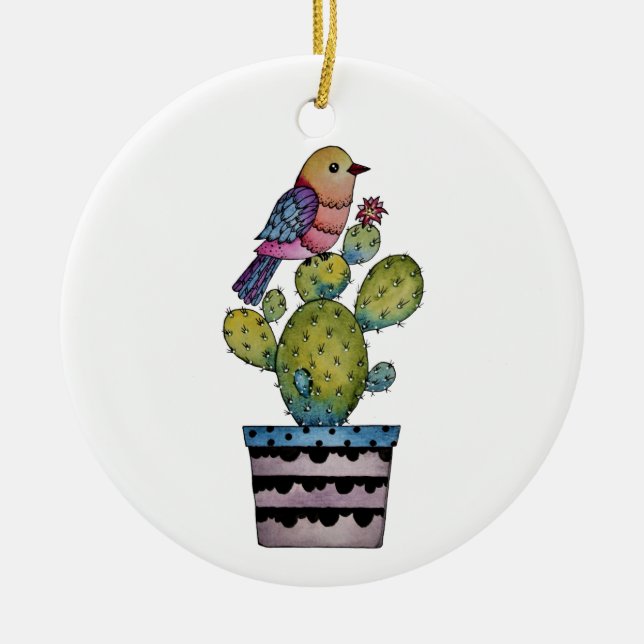 Kakteen und Regenbogenvögel in Aquarellfarben Keramik Ornament (Vorne)