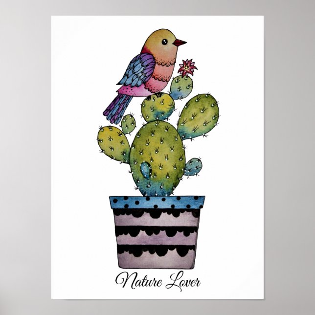 Kakteen und Regenbogenvögel in Aquarellfarben Poster (Vorne)