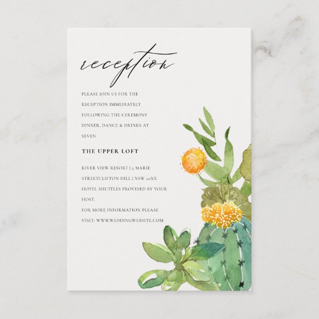 Kakteen Yellow Foliage Hochzeitempfang Begleitkarte (Vorderseite)