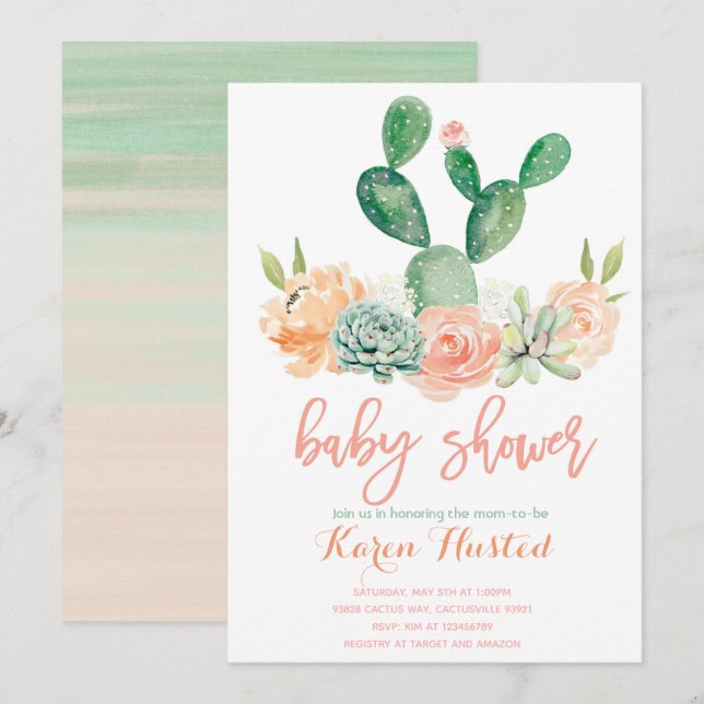 Kaktus Baby Dusche Einladung sukkulent (Vorne/Hinten)