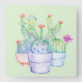 Kaktus Blume Korallenminze Grünes Aquarell Rosa Quadratische Wanduhr