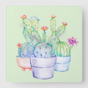 Kaktus Blume Korallenminze Grünes Aquarell Rosa Quadratische Wanduhr