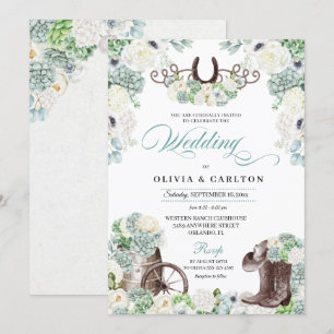 Kaktus Blumen Mintgrün Western Cowboy Hochzeit Einladung