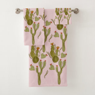 Kaktus Handbemaltes Aquarell Rosa Muster Badhandtuch Set