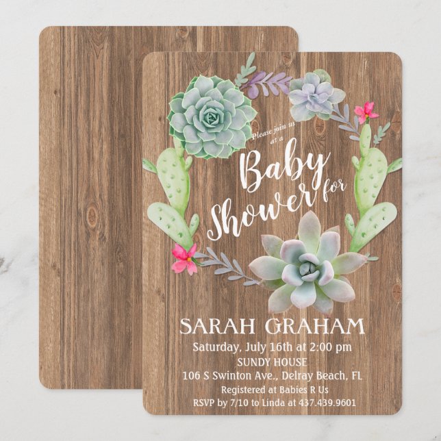 Kaktus Kakteen Wreath Baby Shower Einladung (Vorne/Hinten)