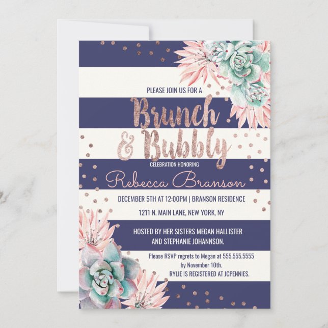 Kaktus-Marine Stripes Rosen-GoldBrunch und Einladung (Vorderseite)