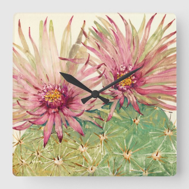 Kaktus Rosa Blüten Quadratische Wanduhr (Vorderseite)