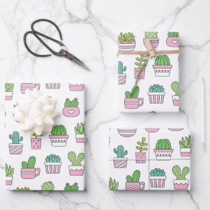 Kaktus Sukkulenten Pflanzen Doodles Muster  Geschenkpapier Set