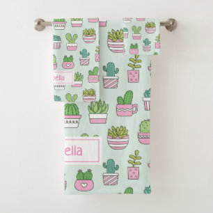 Kaktus Sukkulenten Pflanzen Doodles Muster Name Badhandtuch Set