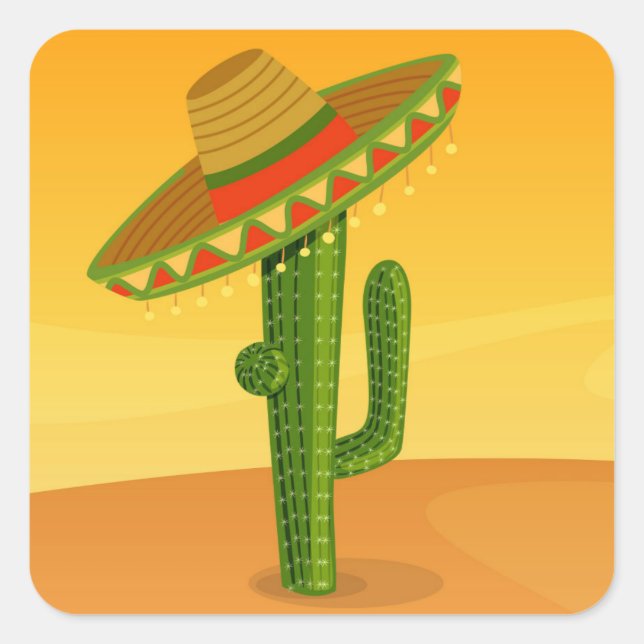 Kaktus und Sombrero Quadratischer Aufkleber (Vorderseite)