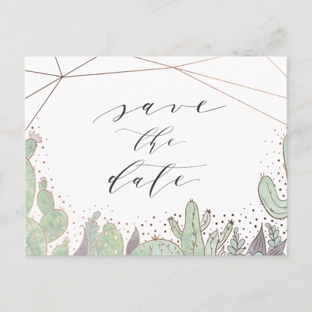 Kaktus und Terrarium Geometric Save the Date Ankündigungspostkarte (Vorderseite)
