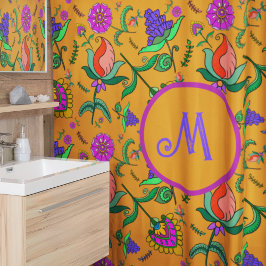 Kalamkari farbenfrohe Blume Gelb Hintergrund Grün Duschvorhang