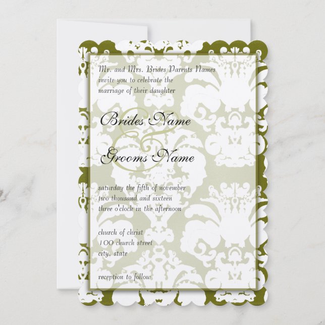 Kale Green Damask Vintage Wedding Invitations (Dos)