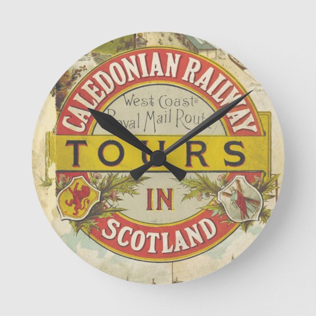 Kaledonische Eisenbahn. Touren in Schottland. Runde Wanduhr (Vorderseite)