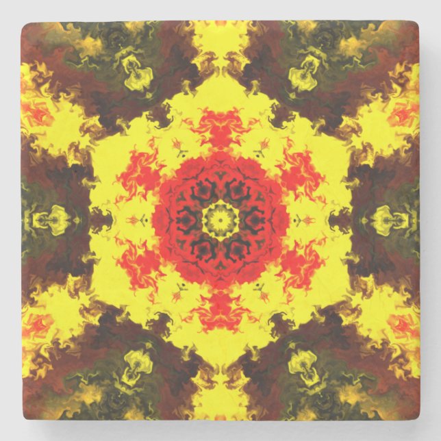 Kaleidoskop-Blume Gelb und Rot Steinuntersetzer (Vorderseite)