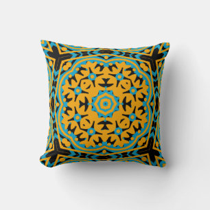 Kaleidoskop-Design, Hellblau, Gold, Schwarz Kissen