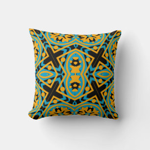 Kaleidoskop-Design, Hellblau, Gold, Schwarz Kissen